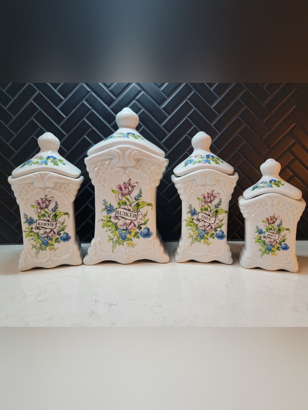 Set Of 4 Delfts Hand Made White Floral Ceramic Canisters